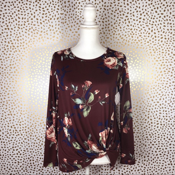 Viamor Floral Twist Knot Detail Long Sleeve Top - Picture 2 of 8